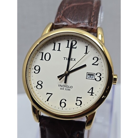 Timex Easy Reader Date Indiglo Gold Tone 35mm Quartz Watch New Battery WR 30M - Picture 4 of 15